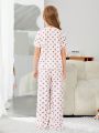 SHEIN Tween Girl Polka Dot Print Lettuce Trim Tee & Pants PJ Set