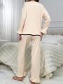 Contrast Trim Bow Embellished Pocket Long-Sleeved Trousers Pajama Set