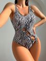 SHEIN Swim BAE One Piece Swimsuit With Zebra Print And Knot Detailing