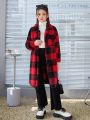 SHEIN Tween Girl Buffalo Plaid Print Drop Shoulder Flap Pocket Fleece Coat