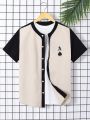 SHEIN Teenage Boys' Casual Loose Fit Short Sleeve Shirt With Spades A Pattern, Color Block Design