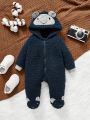 SHEIN Baby Boy Cartoon Embroidery 3D Ears Design Hooded Teddy Jumpsuit