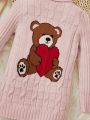 SHEIN Toddler Girls' Teddy Bear & Heart Design High Neck Long Sleeve Sweater Dress