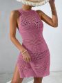 SHEIN Swim Vcay 1pc Backless Crochet Cover Up Dress With Split Hem