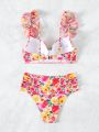 SHEIN Swim Chicsea Ladies' Floral Print Swimsuit Set With Frill Hem