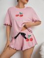 Cherry Printed Colorblock Pajama Set With Lettuce Trim