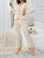 Women's Floral Printed Pajama Set With Contrast Trim, Long Sleeve