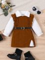 SHEIN Baby Girls' Casual Vintage Elegant Turn-down Collar Top With Dress Set And Belt, Suitable For Going Out