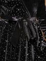 SHEIN Baby Girl Rhinestone Detail Belted Velvet Dress