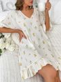 Floral Print Flounce Sleeve Ruffle Hem Nightdress