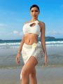 SHEIN Swim Mod 3pcs/Set One Shoulder Bikini Set With 3d Flower Decorations And Swim Skirt