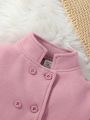 Baby Girls' Pink Double-breasted Woolen Coat With Fur Sleeves And Double Pockets