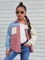 SHEIN Kids Cooltwn Tween Girl Color Block Patched Pocket Drop Shoulder Shirt