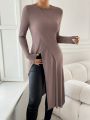 SHEIN Privé Solid Color Long Sleeve T-Shirt With Split Hemline