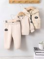 Baby Boys' Letter Patch Fleece Lined Hoodie, Padded Vest And Coat 3pcs Outfit