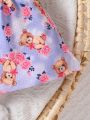 SHEIN Infant Baby Girls' Cute Cartoon Bear & Flower Print Short Sleeve Dress For Newborns