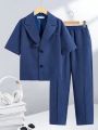 SHEIN Kids EVRYDAY Tween Boys' Loose Fit Casual Short Sleeve Suit Jacket And Pants Set With Turn-Down Collar