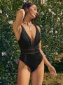 SHEIN Leisure Solid Color Deep V-neck One-piece Swimsuit