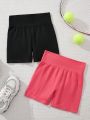 SHEIN Teen Girls' Seamless Knitted Solid Running Shorts 2pcs/Set