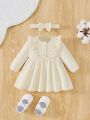 SHEIN Baby Girl Ruffle Trim Half Button Dress & Headband