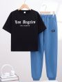 SHEIN Kids EVRYDAY Boys' Casual Letter Print Round Neck Short Sleeve Pullover And Long Pants Knitted Two Piece Suit