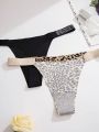 5pcs/pack Women's Leopard Print & Letter And Rhinestone Decor Thong Underwear