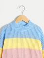 SHEIN Tween Girls' Striped Stand Collar Sweater With Color Block Design