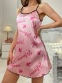 Letter Print Spaghetti Strap Satin Nightdress