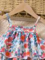 SHEIN Kids SUNSHNE Toddler Girls' Holiday Romantic Flower Pattern Printed Tiered Cami Top And Lantern Pants Set, Spring/Summer