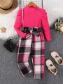 SHEIN Kids SUNSHNE New Arrival Girls' Bubble Sleeve Shoulder Plaid Blouse With Belt And Straight Leg Pants Set