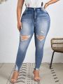 SHEIN LUNE Plus Size Distressed Skinny Jeans With Washing Effect