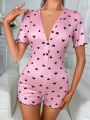 Heart Print Lettuce Trim Button Front Romper