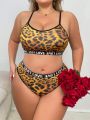 Women'S Plus Size Leopard Print Letter & Straps Design Bra And Panty Set