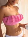 SHEIN Swim Mod Women's Striped Bandeau Bikini Top With Ruffle And Decorative Trim