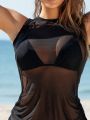 SHEIN Swim Vcay Women's See-Through Mesh Cover-Up Cover Up With Drawstring Hem