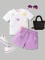 SHEIN Kids SUNSHNE Young Girls' Stylish And Cute 3d Flower Short Sleeve T-Shirt And Washed Denim Shorts 2pcs/Set