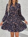 SHEIN LUNE Tie-Neckline Floral Print Lantern Sleeve Dress