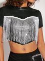 Pretty on the Outside Fringe Trim Crop PU Leather Top