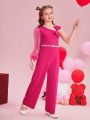 SHEIN Kids CHARMNG Girls' Knitted Solid Color Oblique-Shoulder Jumpsuit With Mesh & Bowknot Decoration