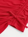 SHEIN Teen Girls' Elegant Asymmetric Waistline Drawstring Square Neck Short Sleeve T-Shirt
