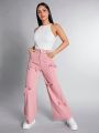 SHEIN PETITE Butterfly Knot Decorated High Waisted Straight Leg Pants