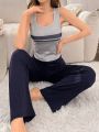 Women'S Stripe Tank Top And Long Pants Lounge Wear Set