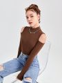 SHEIN 3pcs/set Teen Girls' Knit Ribbed Off Shoulder Mock Neck Long Sleeve T-shirts