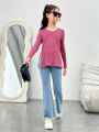 SHEIN Kids HYPEME Teenage Girls' Casual Knitted Solid Color Round Neck Long Sleeve Top For Street Style