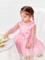 SHEIN Baby Girls' Elegant Pink Butterfly & Polka Dot Mesh Long Sleeve Dress