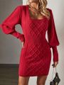 SHEIN Privé Solid Color Knitted Sweater Dress With Twist Pattern, Square Neckline And Lantern Sleeves