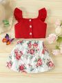 Baby Girl Solid Color Short Sleeve Top And Flower Printed Skirt Set