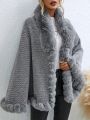 SHEIN Essnce Fuzzy Trim Batwing Sleeve Fuzzy Panel Cape Cardigan