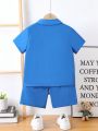 Boys' Solid Color Button Down Shirt With Letter Patches And Shorts Set