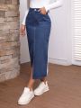 SHEIN LUNE Ladies' Long Denim Skirt With Front Slit